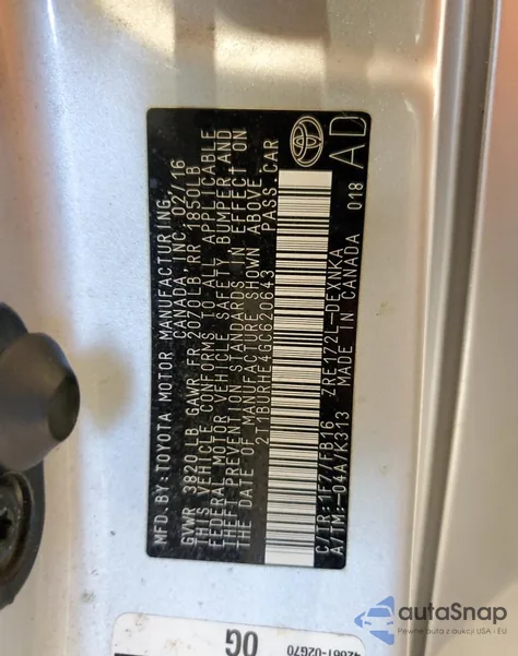 2016 Toyota Corolla L z USA, uszkodzony, nr VIN 2T1BURHE4GC620643